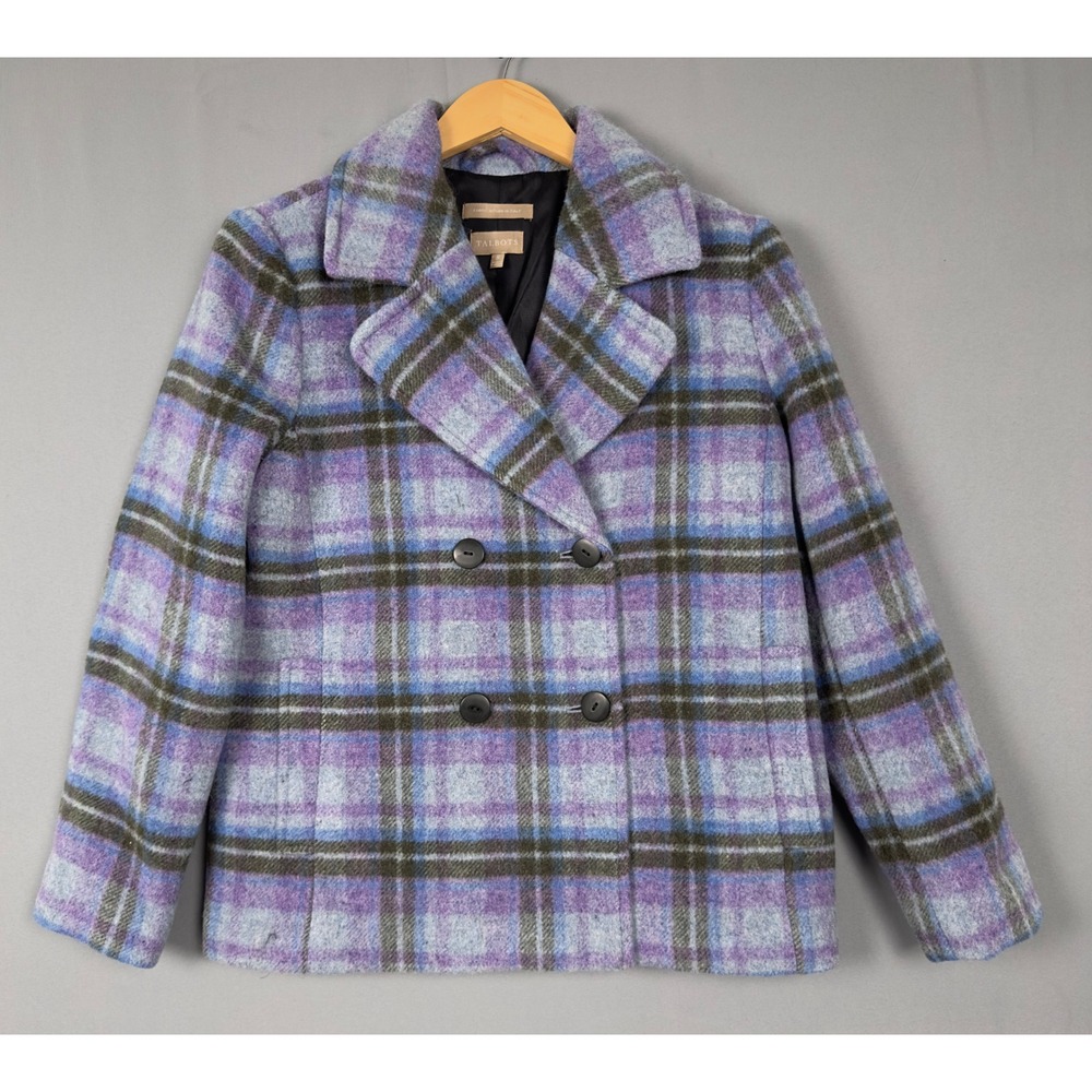 Talbots Purple Plaid Wool Blend Pea Coat Italian Fabric Double Breasted Small